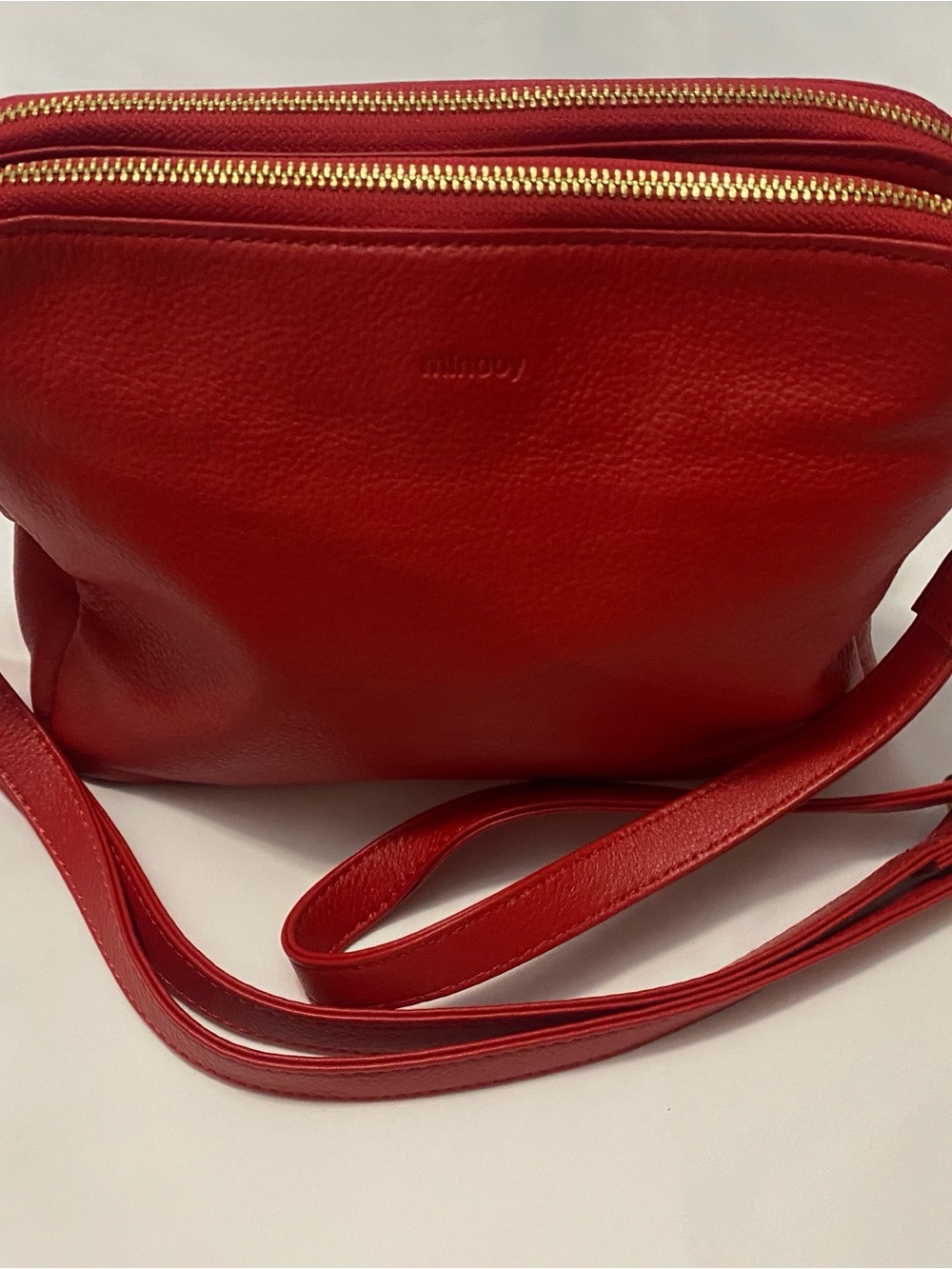 Red Leather Double-Zip Crossbody Bag by Minooy